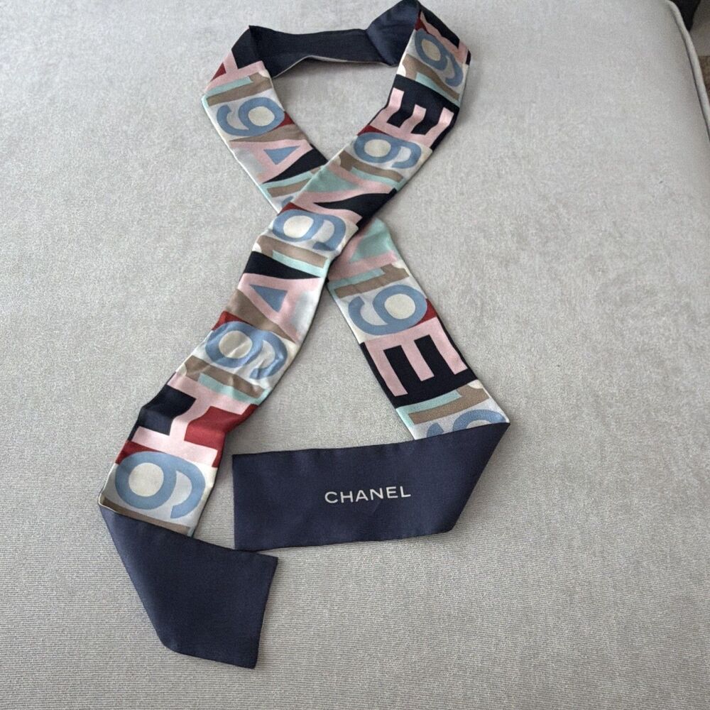 Chanel 100% Silk Slim Bandeau Scarf Navy Blue Pink Letter Print Logo Twilly